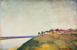 Пейзаж с река и къщи by Петко Клисуров